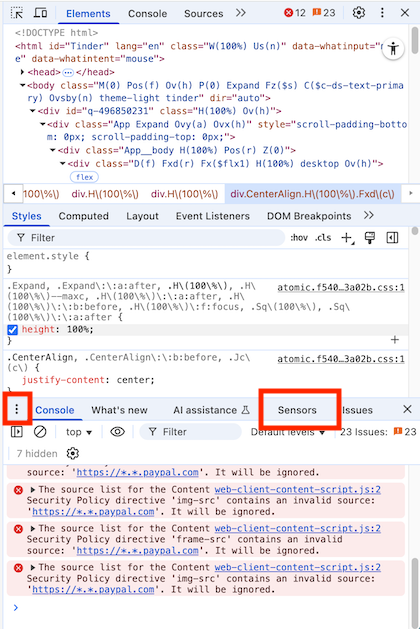 Chrome の開発者ツールの Sensors タブ